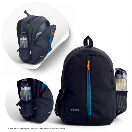 FORCE Basic Backpack Black/Teal Blue front zip unisex backpack- FDB01