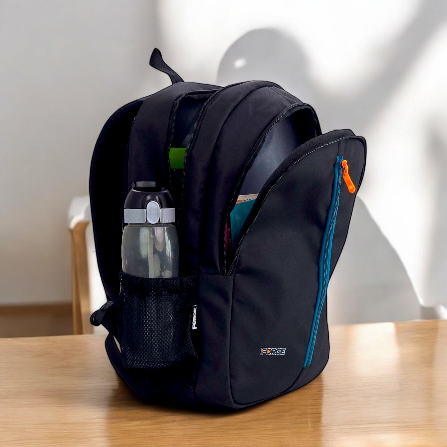 FORCE Basic Backpack Black/Teal Blue front zip unisex backpack- FDB01