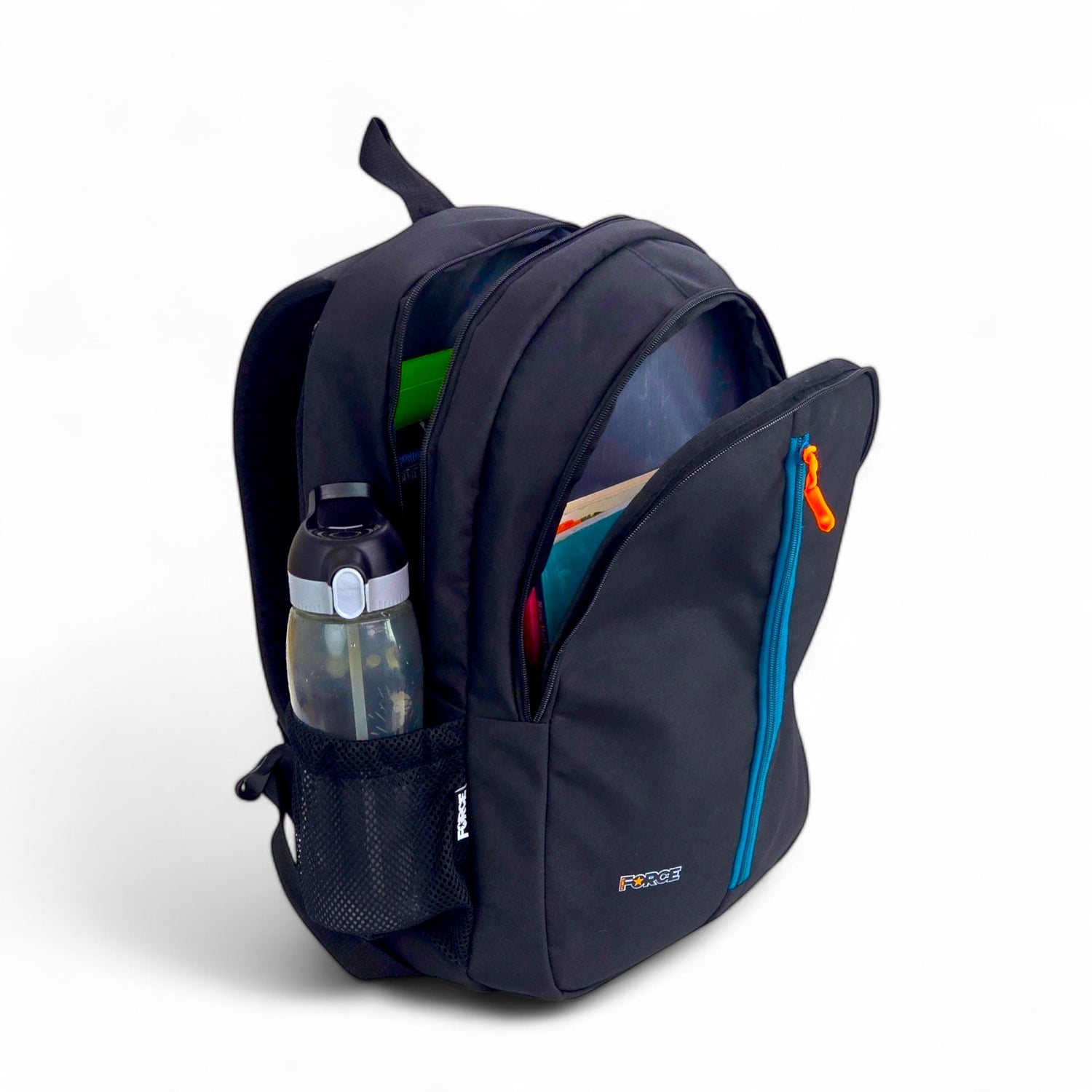 FORCE Basic Backpack Black/Teal Blue front zip unisex backpack- FDB01